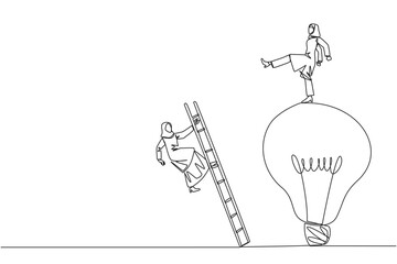 Poster - single continuous line drawing arab businesswoman kicks opponent who climbs lightbulb with a ladder.