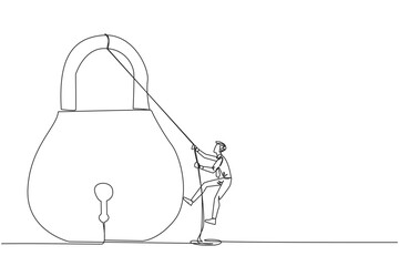Poster - single continuous line drawing businessman climbing padlock with rope. do the best to privatize the 