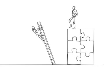 Poster - Single one line drawing smart robot kicks opponent who climbing the puzzle with the stairs. Betrayed by colleague when successfully resolving a problem. Continuous line design graphic illustration
