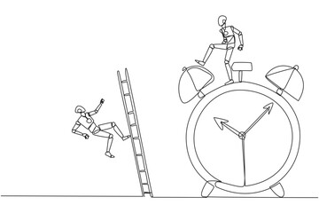Poster - Single one line drawing smart robot kicks opponent who climbs the alarm clock with ladder. Arrogance. No need for colleagues to complete many deadlines. Continuous line design graphic illustration