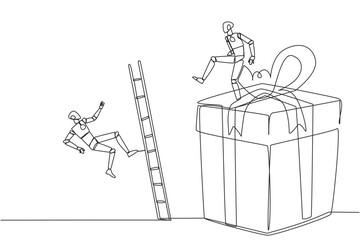 Poster - single continuous line drawing the smart robot kicks opponent who is climbing the gift box with the 