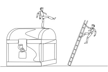 Canvas Print - Continuous one line drawing businessman kicks opponent who climbs treasure chest with ladder. Greed for wealth. Betrayal. Unfair business competition. Single line draw design vector illustration