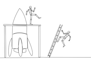 Poster - Continuous one line drawing the robot kicks opponent who climbing the rocket with ladder. Failure to open new business. Cheated by business friend. Traitor. Single line draw design vector illustration
