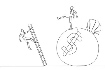 Poster - Single continuous line drawing smart robot kicks opponent who is climbing the money bag with a ladder. Cheated by a business partner. Unprofitable business. Rival. One line design vector illustration