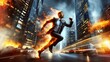 Businessman on fire running with a sense of urgency and rush. the concept of time is everything, time flies quickly.