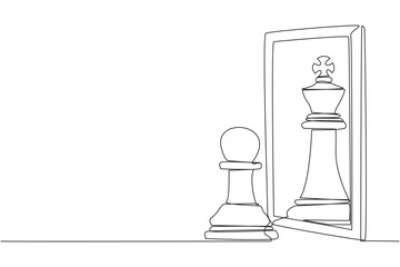 Poster - continuous one line drawing pawn chess standing in front of mirror, reflecting chess king. metaphor 