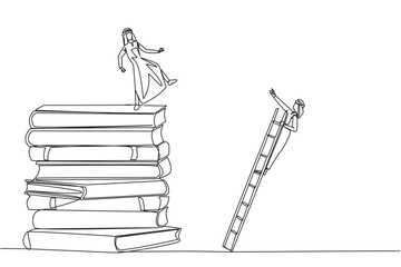 Poster - Single continuous line drawing Arab businessman kicks opponent who climbs a pile of books with a ladder. Failed to gain access to profitable business principles. One line design vector illustration