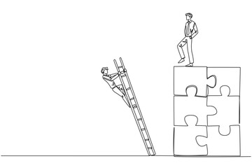 Poster - Continuous one line drawing businessman kicks opponent who climbing the puzzle with stairs. Betrayed by colleague when successfully resolving a problem. Single line draw design vector illustration