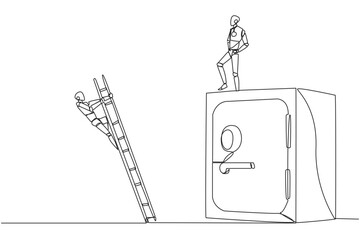 Poster - Single continuous line drawing the smart robot kicks opponent who is climbs safe deposit box with ladder. Dropped roughly. Unable to save important files. Rival. One line design vector illustration