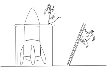 Wall Mural - Continuous one line drawing Arab businessman kicks opponent who climbs the rocket with ladder. Failure to open new business. Cheated by colleague. Traitor. Single line draw design vector illustration