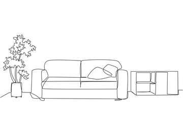 Poster - Single one line drawing stylish room with full furniture modern. Comfortable sofa for the living room. Honoring guests. Clean and clear. Minimalist concept. Continuous line design graphic illustration