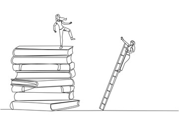 Poster - Single one line drawing  businesswoman kicks opponent who climbing a pile of books with a ladder. Failed to gain access to profitable business principles. Continuous line design graphic illustration