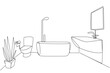 Single one line drawing bathroom in the staycation location. Mini bathtub. Elegant minimalist design. Clean and clear. Maintain neatness and cleanliness. Continuous line design graphic illustration