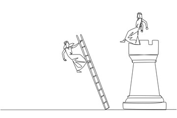 Poster - Single one line drawing Arab businessman kicks rival who climbs the chess rook with ladder. Wrong move. Wrong strategy. Plan leaked by colleague. Traitor. Continuous line design graphic illustration