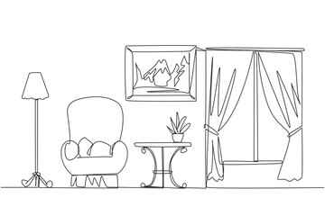 Poster - continuous one line drawing stylish family room with full furniture modern. scandinavian interior de
