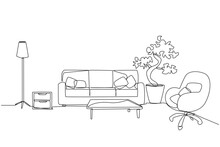 Single Continuous Line Drawing Stylish Living Room With Furniture Modern. Equipped With Floor Lamp For Lighting Needs And Armchairs. Scandinavian Interior Design. One Line Design Vector Illustration