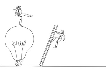 Poster - Single continuous line drawing businesswoman kicks opponent who climbing the lightbulb with a ladder. Dropping colleague because don't have bright ideas. Traitor. One line design vector illustration