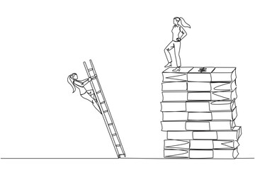 Poster - Continuous one line drawing businesswoman kicks opponent who climbs pile of banknotes with ladder. Struggle together but want to achieve big profit alone. Single line draw design vector illustration