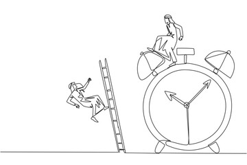 Poster - continuous one line drawing arab businessman kicks rival who climbs alarm clock with ladder. arrogan