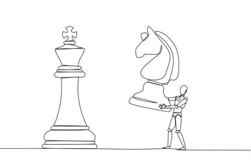 Poster - Continuous one line drawing smart robotic holds horse chess to beat king chess. Strategic planning, business development strategy, tactic entrepreneurship. Single line draw design vector illustration