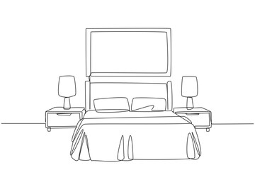 Wall Mural - Continuous one line drawing stylish room with full furniture modern. A room layout resembling a hotel with a spring bed flanked by two drawers. Staycation. Single line draw design vector illustration