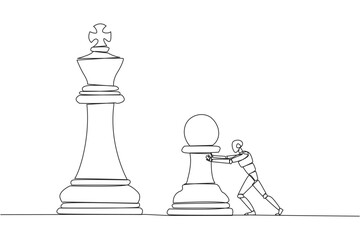 Poster - Single continuous line drawing smart robot future technology push huge pawn chess piece. Business strategy and marketing plan. Strategic move in business concept. One line design vector illustration