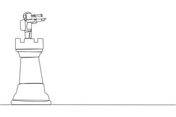Poster - Single one line drawing young energetic astronaut on top of big rook chess piece using monocular looking for success, opportunities, future business trends. Continuous line design graphic illustration