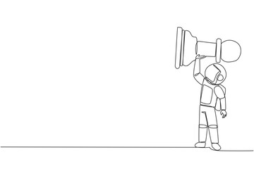 Poster - single continuous line drawing young energetic astronaut holds, lifting pawn chess piece. successful