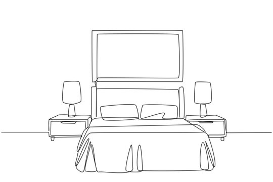 Continuous one line drawing stylish room with full furniture modern. A room layout resembling a hotel with a spring bed flanked by two drawers. Staycation. Single line draw design vector illustration