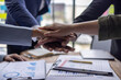 © David - Business team standing hands together, Volunteer charity work. People join for cooperation success business. Panoramic teamwork business joins hand together concept,