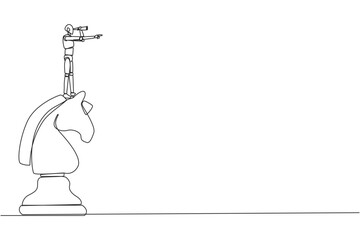 Poster - Single continuous line drawing robotic smart technology on top of big horse chess piece using monocular looking for success, opportunities, future business trend. One line design vector illustration