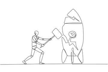 Poster - Single one line drawing smart robotic preparing to hit a standing rocket. Rampage. Not ready to accept new technology. Not ready for competition. Lost. Continuous line design graphic illustration