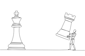 Poster - continuous one line drawing smart robot holds rook chess to beat king chess. strategic planning, bus