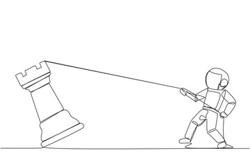 Poster - Single one line drawing young energetic astronaut pulling big rook chess with rope. Business achievement goal, strategy, competitive, strategic concept. Continuous line design graphic illustration