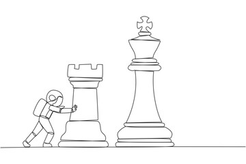 Poster - Continuous one line drawing young energetic astronaut push huge rook chess piece. Business strategy and marketing plan. Strategic move in business concept. Single line draw design vector illustration