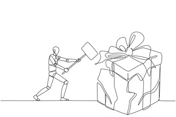 Poster - Single one line drawing smart robotic preparing to hit the big gift box. The robot express disappointment. Destroying everything in sight. Angry. Madness. Continuous line design graphic illustration