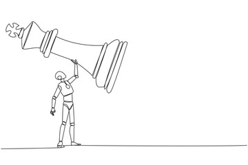 Poster - Continuous one line drawing robot future tech holding, lifting king chess piece. Successful entrepreneurship tactics or strategy, superiority in business. Single line draw design vector illustration