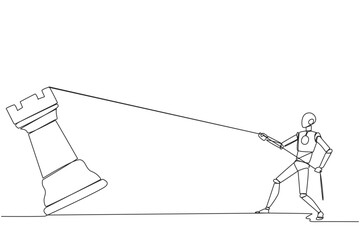 Poster - Single one line drawing smart robot future technology pulling big rook chess with rope. Business achievement goal, strategy, competitive, strategic concept. Continuous line design graphic illustration