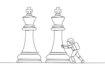 Poster - single continuous line drawing young energetic astronaut push huge king chess piece. business strate