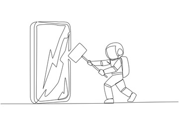 Poster - continuous one line drawing young astronaut preparing to hit the big smartphone. technology can dest