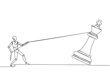 Poster - Single continuous line drawing robotic future technology pulling big king chess with rope. Business achievement goal, strategy, competitive, strategic concept. One line design vector illustration