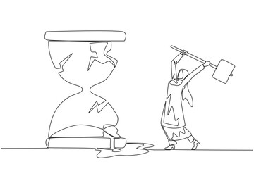 Poster - Single one line drawing Arab businesswoman preparing to hit big hourglass. Remove reminder. Work without rules. Undisciplined. Detrimental to the company. Continuous line design graphic illustration