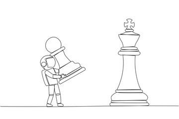 Poster - Single one line drawing young astronaut holds pawn chess to beat king chess. Strategic planning, business development strategy, tactics in entrepreneurship. Continuous line design graphic illustration