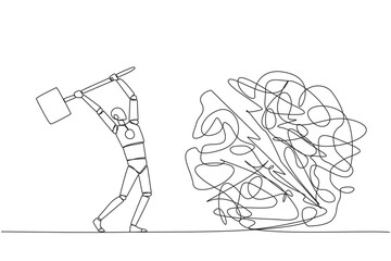 Poster - Continuous one line drawing smart robotic preparing to hit big mess circle. Eliminate stress and anxiety. Focus on developing business. Achieve big profits. Single line draw design vector illustration