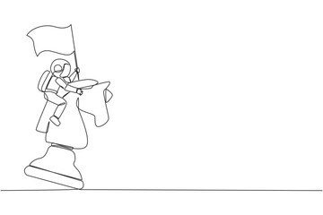Poster - Single one line drawing young energetic astronaut riding big chess horse knight and holding flag, strategy, competitive, strategic move in business concept. Continuous line design graphic illustration
