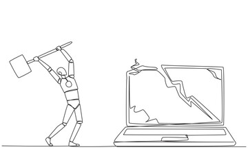 Poster - Single continuous line drawing smart robotic preparing to hit big laptop. Rampage. Destroying technology that cannot used optimally. Upgrade hardware and brainware. One line design vector illustration