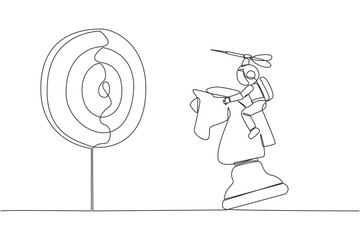 Poster - continuous one line drawing young energetic astronaut holding a dart arrow while riding chess horse 