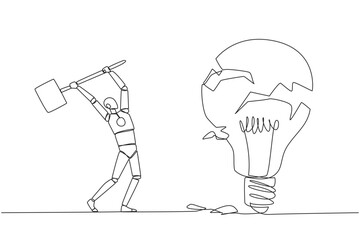 Poster - Single continuous line drawing smart robot preparing to hit a big lightbulb. The thrashing anger. Failed to secure a brilliant business idea. Destruction. Rampage. One line design vector illustration