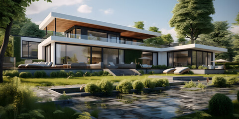 Wall Mural - 3D modern luxury home with swimming pool in the park