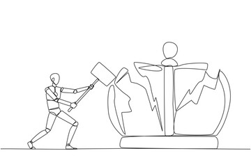 Poster - Continuous one line drawing smart robot preparing to hit the big crown. Destroying the symbols of authoritarian kingdom. Expect justice for business people. Single line draw design vector illustration